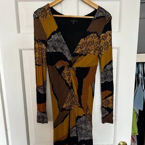 Etro Silk Stretch Knit Knot Front Midi Dress Long Sleeve V-Neck Multi Printed